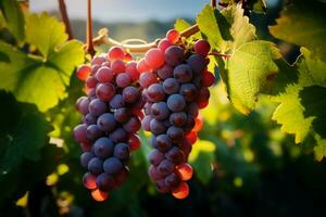 ai generiert Naturen Geschenk Trauben auf Reben, ein malerisch Szene im das Weinberg foto