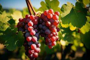 ai generiert Naturen Geschenk Trauben auf Reben, ein malerisch Szene im das Weinberg foto