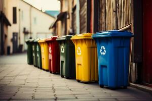 ai generiert Recycling Spektrum Behälter im vielfältig Farbtöne Linie oben gegen das Mauer foto