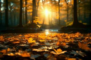 ai generiert Sonnenlicht durchbohrt durch Herbst Blätter, Gießen ein heiter Wald glühen foto