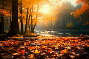 ai generiert beschwingt Wald Herbst Blätter tanzen im Sonnenlicht, Erstellen ein heiter Atmosphäre foto