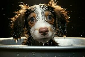 ai generiert Hündchen Spa Tag bezaubernd nass behaart Haustier genießt ein erfrischend Bad foto