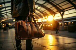 ai generiert Zug Bahnhof Gedränge mans Hand Kupplungen Koffer, bereit zum Abfahrt foto