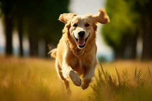 ai generiert golden Freude Retriever genießt ein temperamentvoll Lauf im das Feld foto