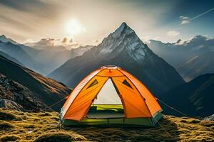 ai generiert alpin Isolierung ein Zelt allein auf das Berge hoch Gipfel foto