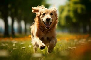 ai generiert froh Scherz golden Retriever Rennen durch ein Feld von Grün foto