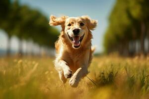 ai generiert golden Freude Retriever genießt ein temperamentvoll Lauf im das Feld foto