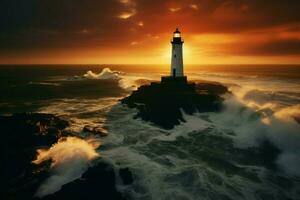ai generiert dramatisch Küste Leuchtturm thront auf robust Klippen beim ein Sonnenuntergang foto
