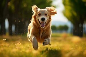 ai generiert anmutig Sprint golden Retriever läuft frei im ein sonnendurchflutet Wiese foto