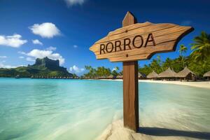 ai generiert hölzern Wegweiser auf tropisch Strand, Konzept von Reise und Urlaub, Bora Bora hölzern Zeichen mit ein Strand Hintergrund, ai generiert foto
