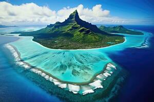 ai generiert Panorama- Aussicht von das Insel von Bora Bora, Französisch Polynesien, Bora Bora Antenne Sicht, Tahiti, Französisch Polynesien, ai generiert foto