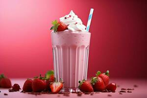 ai generiert Beere Glückseligkeit Shake oben Sommer- mit ein kalt Rosa Erdbeere Milchshake foto