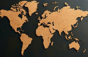 ai generiert kartografisch Anzeige Welt Karte befestigt auf ein texturiert Kork Tafel foto