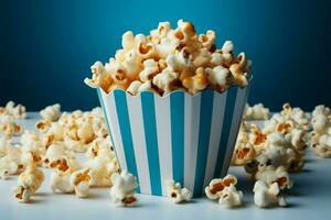 ai generiert Snack Sensation Blau Popcorn Box gegen ein sauber Weiß Hintergrund foto