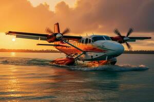 ai generiert Luxus Transport Wasserflugzeug Landung Über Malediven Meer beim tolle Sonnenuntergang foto