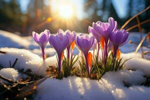 ai generiert Naturen Wiederbelebung zuerst Frühling Krokusse blühen im schneebedeckt Wald, Kopieren Raum foto