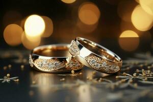 ai generiert funkelnd Union Hochzeit Ringe mit Silber und Gold auf Bokeh foto