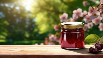 ai generiert Krug von Kirsche Marmelade mit leer Vorderseite realistisch auf ein Attrappe, Lehrmodell, Simulation Vorlage im ein hölzern Tabelle im ein Sommer- Garten foto