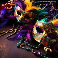ai generiert lebendig Karneval gras Hintergrund mit Masken, Streamer, und lebhaft Farben, foto