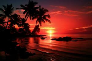 ai generiert Abend Paradies Palme Baum Silhouette auf ein Sonnenuntergang geküsst tropisch Strand foto
