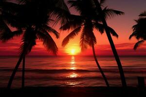 ai generiert Küsten Dämmerung Palme Baum Silhouette gegen das atemberaubend Sonnenuntergang Hintergrund foto