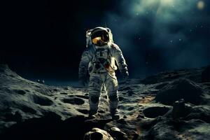 ai generiert Mond- Erkundung Astronaut im Raum passen Spaziergänge auf das Mond foto