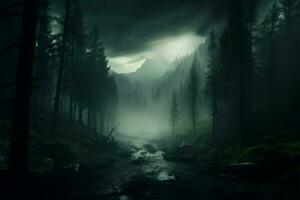 ai generiert Naturen Geheimnisse neblig, nebelig Nacht im ein dunkel Wald Rahmen foto