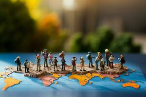 ai generiert erkunden Kontinente Miniatur Reisende auf ein Welt Karte, Fernweh Konzept foto