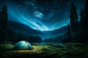 ai generiert Wald Kosmos sternenklar Nacht Natur Abenteuer im das bergig Landschaft foto