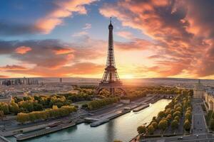 ai generiert Eiffel Turm und Seine Fluss beim Sonnenuntergang, Paris, Frankreich, Antenne Panorama- Aussicht von Paris mit das Eiffel Turm während Sonnenuntergang im Frankreich, ai generiert foto