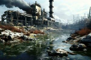 ai generiert Fabrik mit Rauch im das Wasser. 3d machen von industriell Landschaft, verlassen Fabrik im das Mitte von das Fluss, Konzept von Umwelt Verschmutzung, ai generiert foto