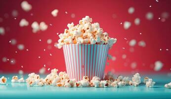 ai generiert Popcorn im ein Eimer im Vorderseite von ein Fernsehen einstellen foto