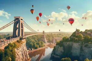 ai generiert schön Antenne Aussicht von Brücke und heiß Luft Luftballons fliegend im Himmel, Clifton Suspension Brücke mit heiß Luft Luftballons im das Bristol Ballon Fiesta im August, ai generiert foto