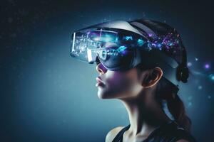 ai generiert jung Frau tragen virtuell Wirklichkeit Brille mit glühend Linien und Punkte Konzept auf Hintergrund, ein jung Frau mit ein virtuell Wirklichkeit Headset verkörpert das Zukunft, ai generiert foto