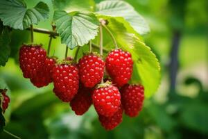 ai generiert reif Himbeeren auf ein Ast mit Blätter im das Garten, Nahansicht von ein Loganbeere Pflanze mit reif Loganbeeren wachsend im ein organisch Garten, ai generiert foto