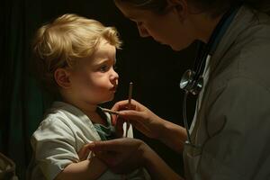 ai generiert Arzt Prüfung wenig Junge mit Stethoskop im dunkel Zimmer. Gesundheit Pflege Konzept, Nahansicht von ein Baby Junge haben ein medizinisch Untersuchung, ai generiert foto