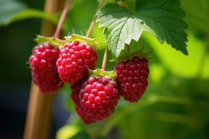 ai generiert reif Himbeeren auf ein Ast mit Grün Blätter im das Garten, Nahansicht von ein Loganbeere Pflanze mit reif Loganbeeren wachsend im ein organisch Garten, ai generiert foto