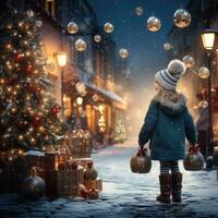 ai generiert Illustration von alt europäisch Stadt beim Nacht mit Weihnachten Dekorationen, Weihnachten und Neu Jahr Ferien Konzept, ai generiert foto