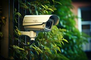 ai generiert cctv Sicherheit Kamera auf das Mauer mit Grün Pflanze im das Garten, cctv Sicherheit Kamera zum Privat Häuser, ai generiert foto