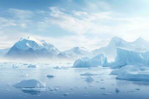 ai generiert Antarktis Landschaft mit Eisberge und Berge. 3d Wiedergabe, Blau eisbedeckt Berge im das Süd Polar- Ozean, Winter Antarktis Landschaft, ai generiert foto