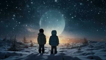 ai generiert zwei Kinder aussehen beim das Mond im das Schnee von unten foto