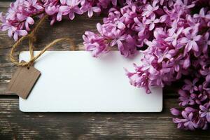 ai generiert hölzern Schönheit lila Blumen vorgestellt mit ein leeren Etikett Hintergrund foto