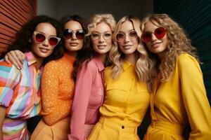 ai generiert süß Frauen tragen Sonne Brille posieren im Gelb foto