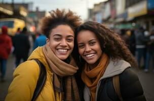 ai generiert zwei Frauen nehmen ein Selfie im das Straße foto