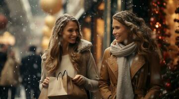 ai generiert zwei Frauen sind im das Mitte von das Regen und Schnee halten Einkaufen Taschen foto