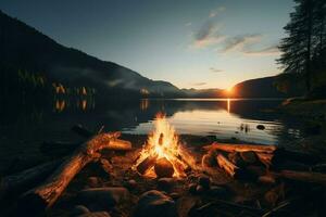 ai generiert wild Abenteuer draussen Natur Landschaft mit Lagerfeuer, Lagerfeuer, und See foto