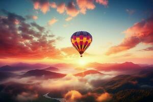ai generiert Ballon Reise Sonnenaufgang Hintergrund, heiß Sommer, Freiheit und Reise foto