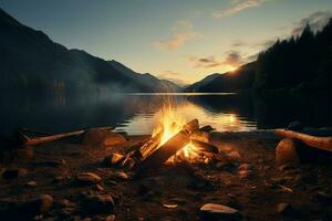 ai generiert wild Abenteuer draussen Natur Landschaft mit Lagerfeuer, Lagerfeuer, und See foto