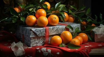 ai generiert Lametta Bäume, die Geschenke, ein wenige Orangen foto