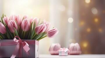 ai generiert Rosa Tulpen mit ein Geschenk Box auf ein Tischplatte foto